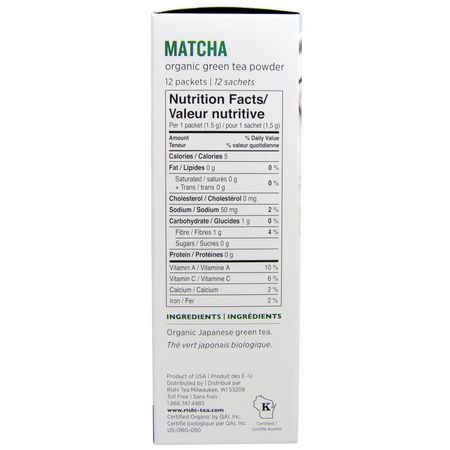 Grönt Te, Matcha Te: Rishi Tea, Matcha, Organic Green Tea Powder, 12 Packets, 0.63 oz (18 g)