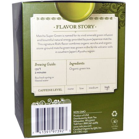 Matcha Te, Grönt Te: Rishi Tea, Organic Green Tea, Matcha Super Green, 15 Tea Bags 1.43 oz (40.5 g)
