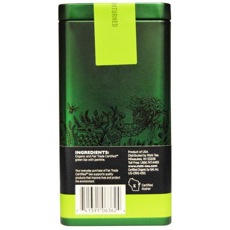 Grönt Te: Rishi Tea, Organic Loose Leaf Green Tea, Jasmine, 1.94 oz (55 g)