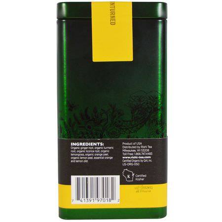Ingefära Te, Gurkmeja: Rishi Tea, Turmeric Ginger, Organic Loose Leaf Herbal Tea, Ayurvedic + Meyer Lemon, 2.47 oz (70 g)