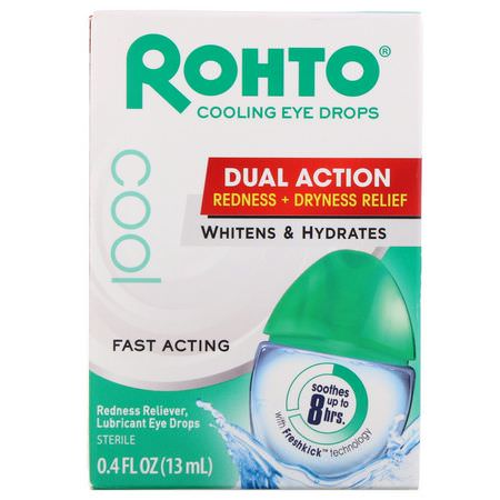 Ögondroppar, Ögonvård, Örat, Bad: Rohto, Cooling Eye Drops, Dual Action Redness + Dryness Relief, 0.4 fl oz (13 ml)