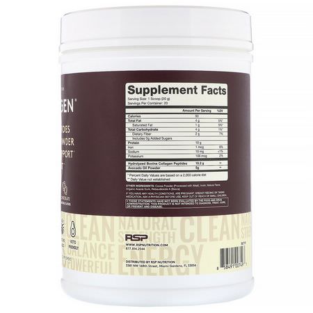 Kollagentillskott, Fog, Ben, Kosttillskott: RSP Nutrition, AvoCollagen, Collagen Peptides & Avocado Oil Powder, Chocolate, 14.1 oz (400 g)