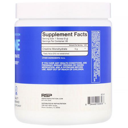 Kreatinmonohydrat, Kreatin, Muskelbyggare, Idrottsnäring: RSP Nutrition, Creatine Monohydrate, Micronized Creatine Powder, 10.6 oz (300 g)