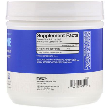 Kreatinmonohydrat, Kreatin, Muskelbyggare, Idrottsnäring: RSP Nutrition, Creatine Monohydrate, Micronized Creatine Powder, 5 g, 17.6 oz (500 g)