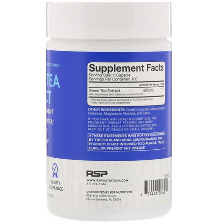 Grönt Te-Extrakt, Antioxidanter, Kosttillskott, Sporttillskott: RSP Nutrition, Green Tea Extract, 500 mg, 100 Capsules