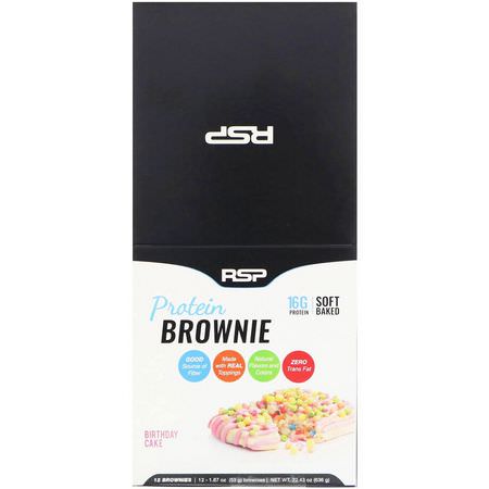 Protein Brownies, Protein Mellanmål, Brownies, Kakor: RSP Nutrition, Protein Brownie, Birthday Cake, 12 Brownies, 1.87 oz (53 g) Each