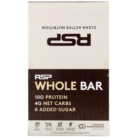 Vassleproteinstänger, Proteinstänger, Brownies, Kakor: RSP Nutrition, Whole Bar, Chocolate Almond Brownie, 12 Bars, 1.76 oz (50 g) Each