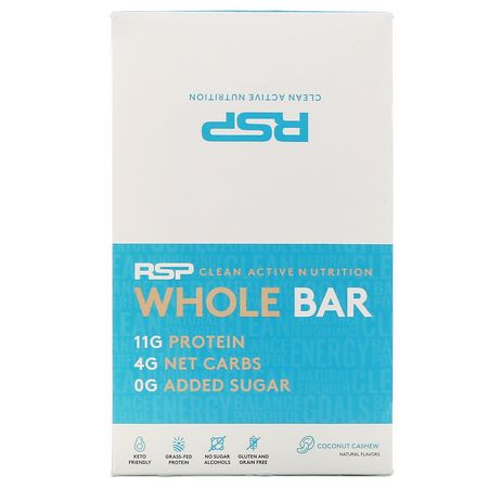 Vassleproteinstänger, Proteinstänger, Brownies, Kakor: RSP Nutrition, Whole Bar, Coconut Cashew, 12 Bars, 1.76 oz (50 g) Each