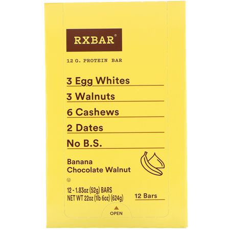 Växtbaserade Proteinbarer, Proteinbarer, Brownies, Kakor: RXBAR, Protein Bar, Banana Chocolate Walnut, 12 Bars, 1.83 oz (52 g) Each