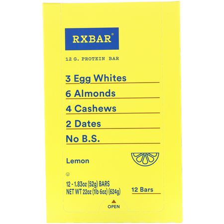 Växtbaserade Proteinbarer, Proteinbarer, Brownies, Kakor: RXBAR, Protein Bar, Lemon, 12 Bars, 1.83 oz (52 g) Each