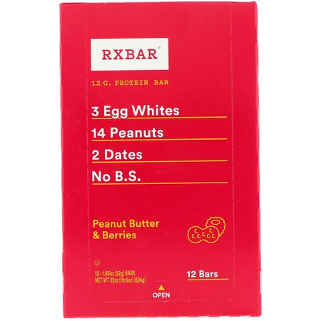 Näringsstänger: RXBAR, Protein Bar, Peanut Butter & Berries, 12 Bars, 1.83 oz (52 g) Each
