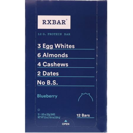 Växtbaserade Proteinbarer, Proteinbarer, Brownies, Kakor: RXBAR, Protein Bars, Blueberry, 12 Bars, 1.83 oz (52 g) Each