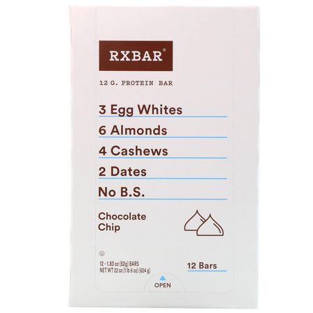 Näringsstänger: RXBAR, Protein Bars, Chocolate Chip, 12 Bars, 1.83 oz (52 g) Each