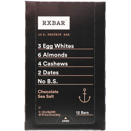 Näringsstänger: RXBAR, Protein Bars, Chocolate Sea Salt, 12 Bars, 1.83 oz (52 g) Each