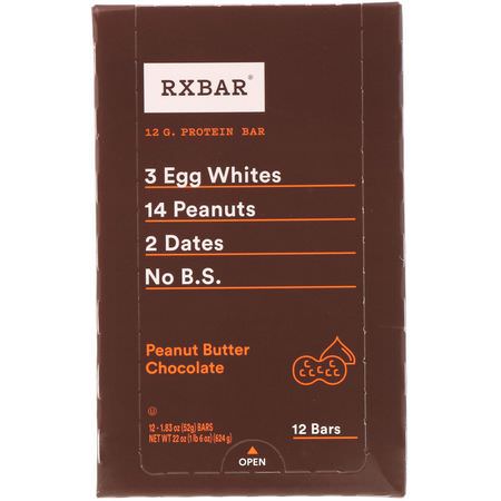 Växtbaserade Proteinbarer, Proteinbarer, Brownies, Kakor: RXBAR, Protein Bars, Peanut Butter Chocolate, 12 Bars, 1.83 oz (52 g) Each