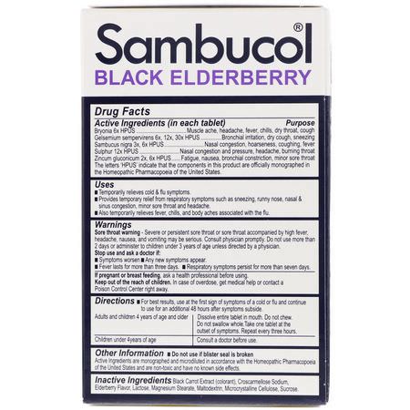 Homeopati, Elderberry Sambucus, Örter: Sambucol, Black Elderberry, Cold & Flu Relief, 30 Quick Dissolve Tablets