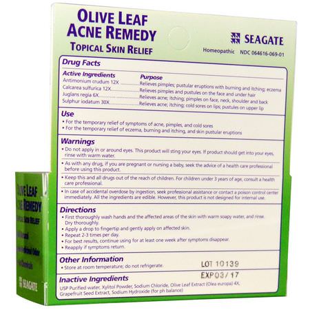 Influensa, Hosta, Förkylning, Kosttillskott: Seagate, Olive Leaf Acne Remedy, 1 fl oz (30 ml)