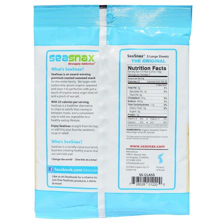 Tångsnacks: SeaSnax, Organic Premium Roasted Seaweed Snack, Original, 0.54 oz (15 g)