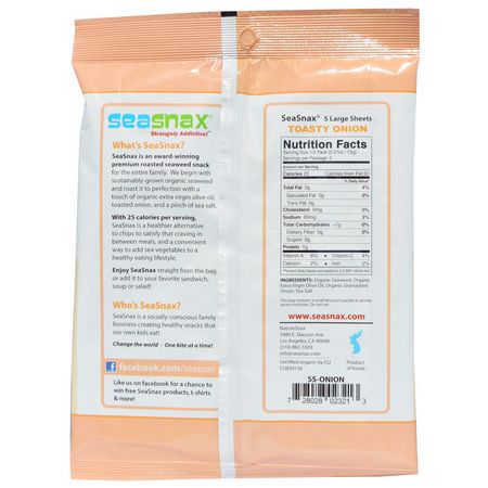 Tångsnacks: SeaSnax, Organic Premium Roasted Seaweed Snack, Toasty Onion, 0.54 oz (15 g)