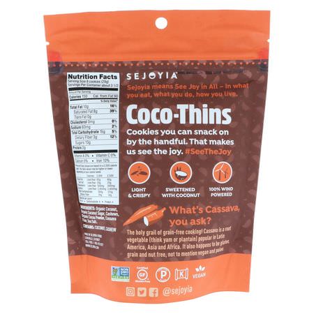 Kakor, Mellanmål: Sejoyia, Coco-Thins, Snackable Cashew Cookies, Chocolate, 3.5 oz (99 g)