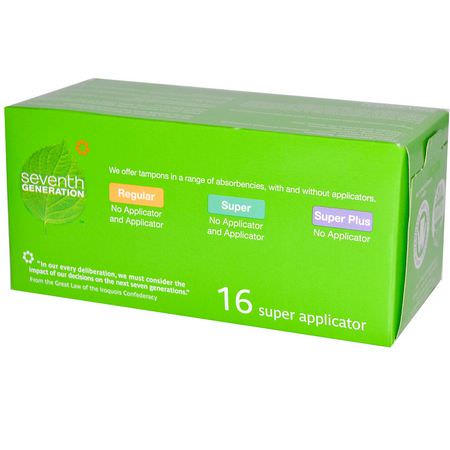Tamponger, Feminin Hygien, Bad: Seventh Generation, Organic Cotton Tampons, Super, Fragrance and Dye Free, 16 Tampons