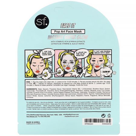 K-Beauty Face Masks, Peels, Face Masks, Beauty: SFGlow, POP n' Glow, Face It, Pop Art Face Mask, 1 Sheet, 0.85 oz (25 ml)