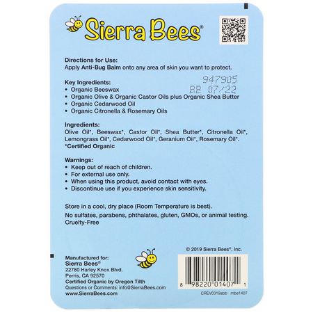Insektsmedel, Bug, Bad: Sierra Bees, Anti-Bug Balm, Cedarwood, Geranium & Rosemary Oil, 0.6 oz (17 g)