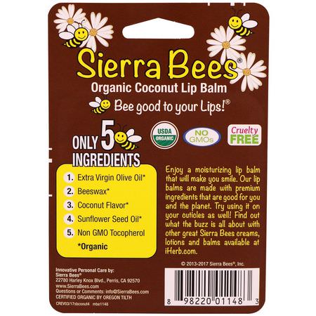 Läppbalsam, Läppvård, Bad: Sierra Bees, Organic Lip Balms, Coconut, 4 Pack, .15 oz (4.25 g) Each