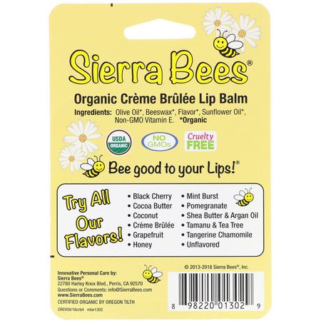 Läppbalsam, Läppvård, Bad: Sierra Bees, Organic Lip Balms, Creme Brulee, 4 Pack, .15 oz (4.25 g) Each