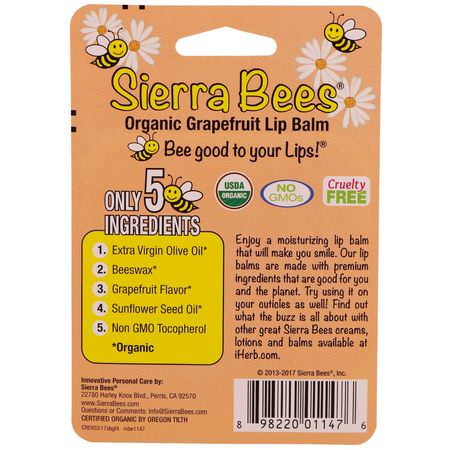 Läppbalsam, Läppvård, Bad: Sierra Bees, Organic Lip Balms, Grapefruit, 4 Pack, .15 oz (4.25 g) Each