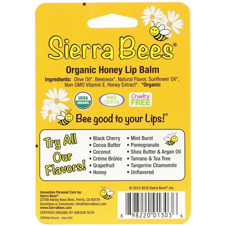 Läppbalsam, Läppvård, Bad: Sierra Bees, Organic Lip Balms, Honey, 4 Pack, .15 oz (4.25 g) Each