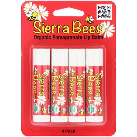 Läppbalsam, Läppvård, Bad: Sierra Bees, Organic Lip Balms, Pomegranate, 4 Pack, .15 oz (4.25 g) Each