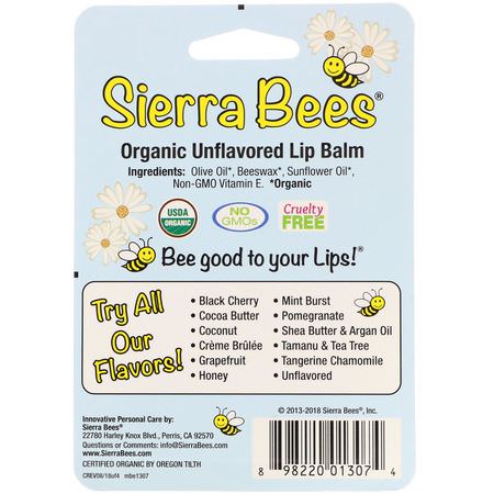 Läppbalsam, Läppvård, Bad: Sierra Bees, Organic Lip Balms, Unflavored, 4 Pack, .15 oz (4.25 g) Each