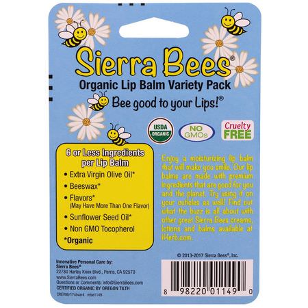 Läppbalsam, Läppvård, Bad: Sierra Bees, Organic Lip Balm Variety Pack, 4 Pack, .15 oz (4.25 g) Each