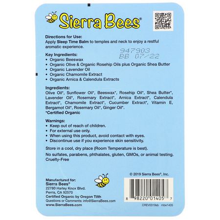Sömn, Kosttillskott: Sierra Bees, Sleep Time Balm, Lavender & Chamomile, 0.6 oz (17 g)