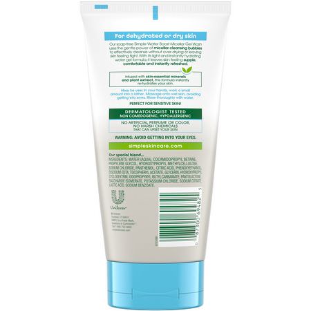 Rengöringsmedel, Ansikts Tvätt, Rengöringsmedel, Hudvård: Simple Skincare, Micellar Facial Gel Wash, 5 fl oz (148 ml)