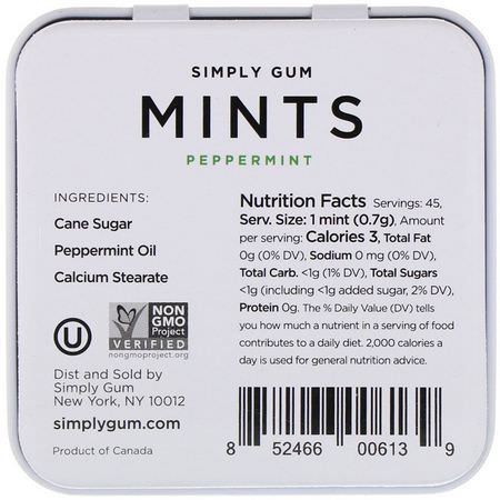 Pastiller, Mints, Tandvård, Munvård: Simply Gum, Mints, Peppermint, 1.1 oz (30 g)