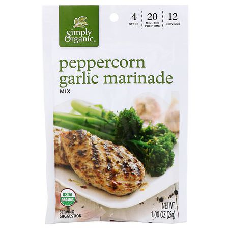 Marinader, Såser: Simply Organic, Peppercorn Garlic Marinade Mix, 12 Packets, 1.00 oz (28 g) Each