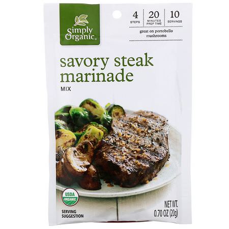 Marinader, Såser: Simply Organic, Savory Steak Marinade Mix, 12 Packets, 0.70 oz (20 g) Each