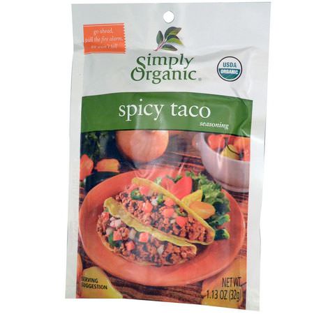 Kryddor, Örter: Simply Organic, Spicy Taco Seasoning, 12 Packets, 1.13 oz (32 g) Each