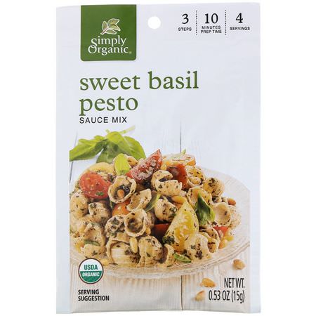 Pastasås, Tomat, Marinader, Såser: Simply Organic, Sweet Basil Pesto Sauce Mix, 12 Packets, 0.53 oz (15 g) Each