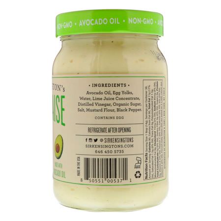 Mayonnaise, Vinegars, Oljor: Sir Kensington's, Mayonnaise Made With Avocado Oil, 16 fl oz (473 ml)