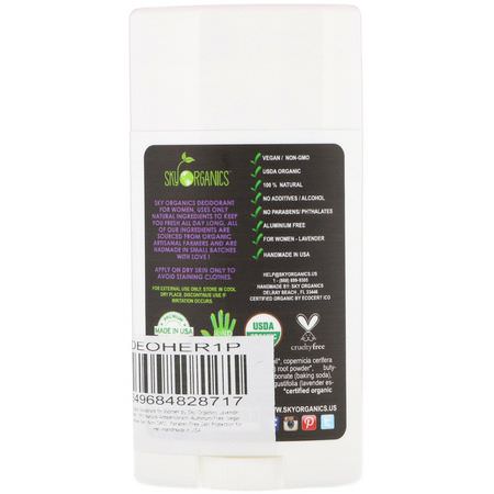 Deodorant, Bath: Sky Organics, Organic Deodorant For Her, Lavender Vanilla, 2.5 oz (70 g)