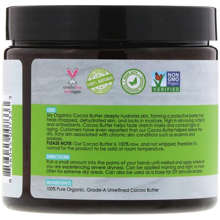 Hudbehandling, Kakaosmör, Massageoljor, Kropp: Sky Organics, Organic Unrefined Raw Cocoa Butter, 16 oz (454 g)