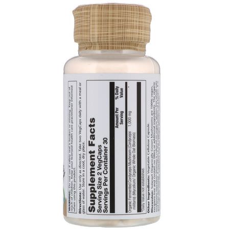 Cordyceps, Champinjoner, Kosttillskott: Solaray, Organically Grown Fermented Cordyceps, 500 mg, 60 VegCaps