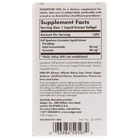 Curcumin, Gurkmeja, Antioxidanter, Kosttillskott: Solgar, Full Spectrum Curcumin, 30 Liquid Extract Softgels