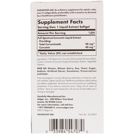 Curcumin, Gurkmeja, Antioxidanter, Kosttillskott: Solgar, Full Spectrum Curcumin, 60 Liquid Extract Softgels