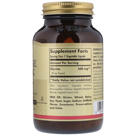 Aminosyror, Kosttillskott: Solgar, Glycine, 500 mg, 100 Vegetable Capsules