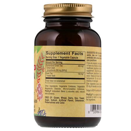 Extrakt Av Grönt Te, Antioxidanter, Kosttillskott: Solgar, Green Tea Leaf Extract, 60 Vegetable Capsules