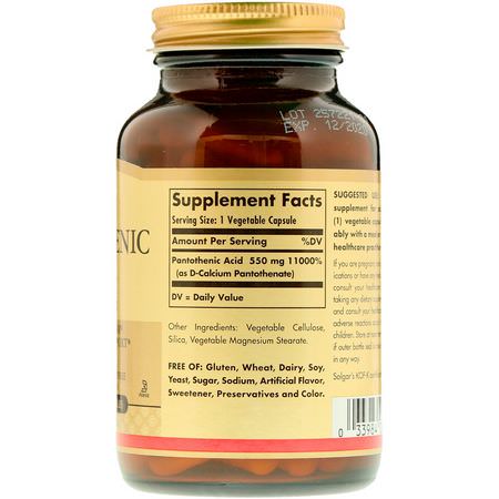 Vitamin B, Vitaminer, Kosttillskott: Solgar, Pantothenic Acid, 550 mg, 100 Vegetable Capsules